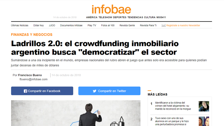 Bricksave featured in Infobae "Ladrillos 2.0: el crowdfunding inmobiliario argentino busca "democratizar" el sector"